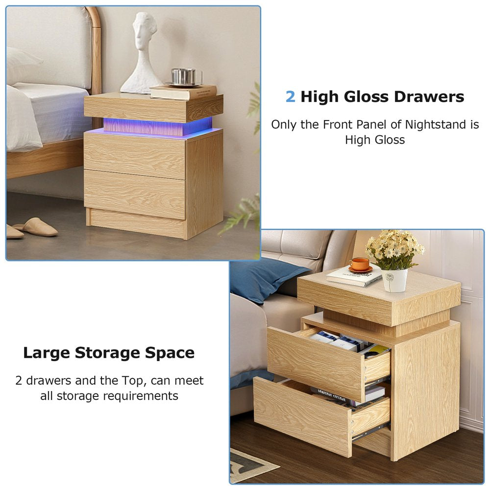 2 Drawer Modern Nightstand with RGB LED Light High Gloss Bedside Tables for Bedroom Wood Color