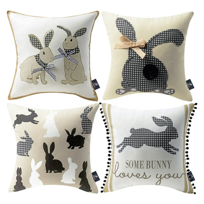 Happy Easter Series Bunny with Black and White Checker and Pom Pom Spring Polyester Cute and Vivifying Square Throw Pillow Covers, 18' X 18', 4-Pieces