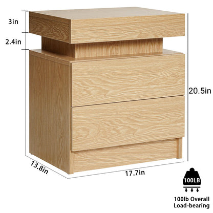 2 Drawer Modern Nightstand with RGB LED Light High Gloss Bedside Tables for Bedroom Wood Color