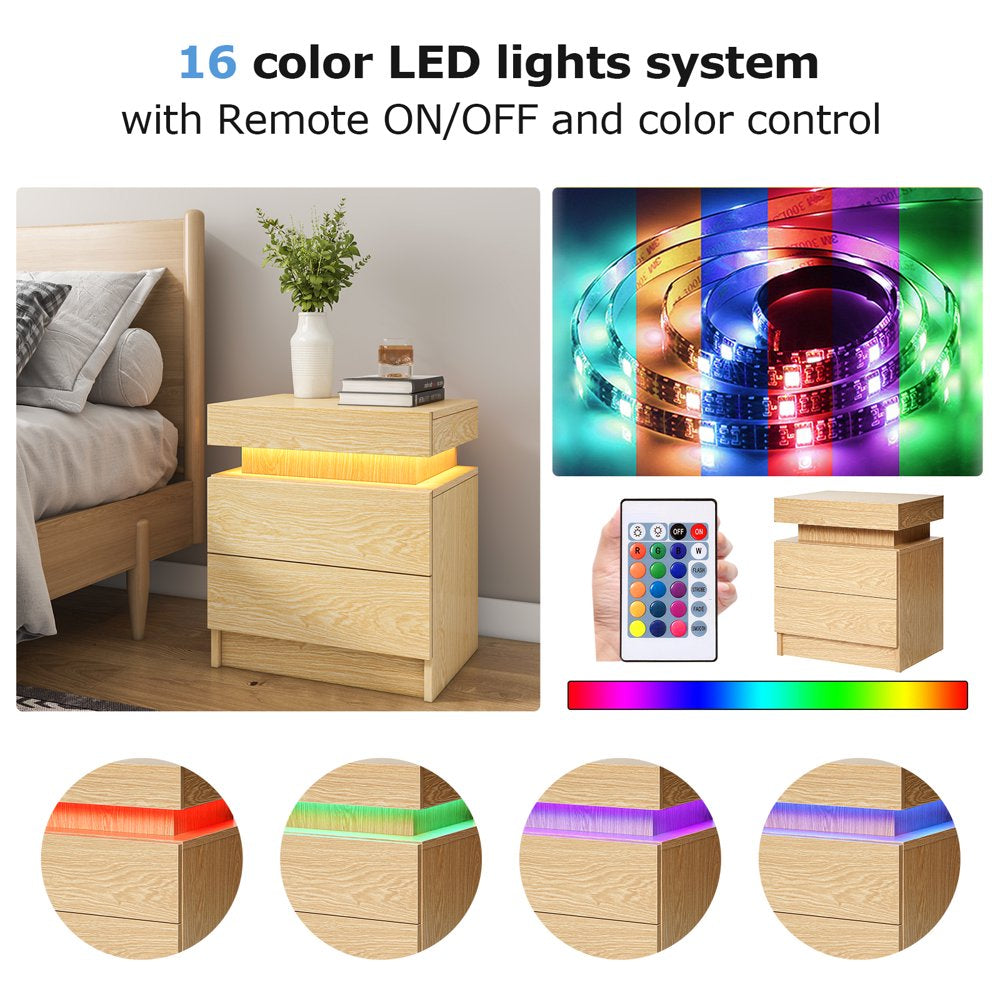 2 Drawer Modern Nightstand with RGB LED Light High Gloss Bedside Tables for Bedroom Wood Color