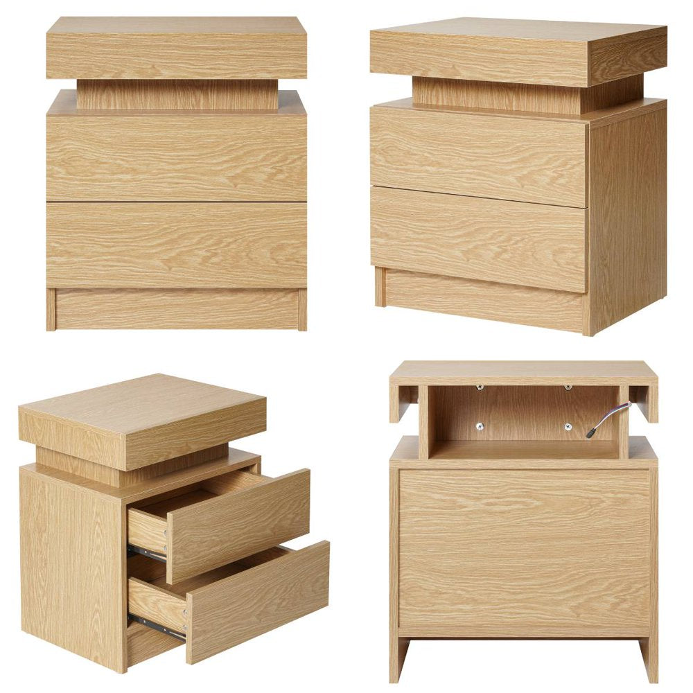 2 Drawer Modern Nightstand with RGB LED Light High Gloss Bedside Tables for Bedroom Wood Color