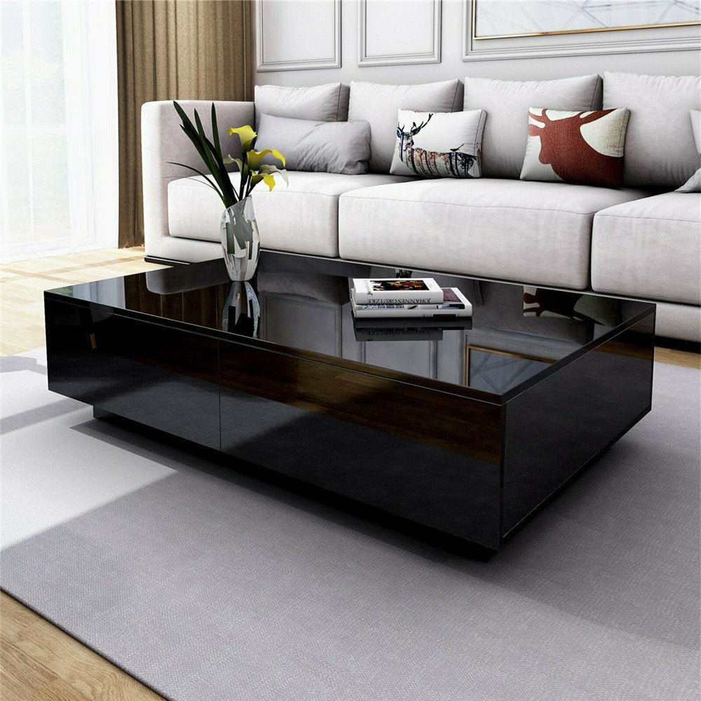 Hommpa Coffee Table with 4 Drawers LED Center Table Sofa Side Tea Tables Black High Gloss Finish