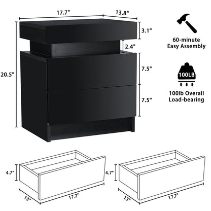 2 Drawer Modern Nightstand with RGB LED Light High Gloss Bedside Tables for Bedroom Black