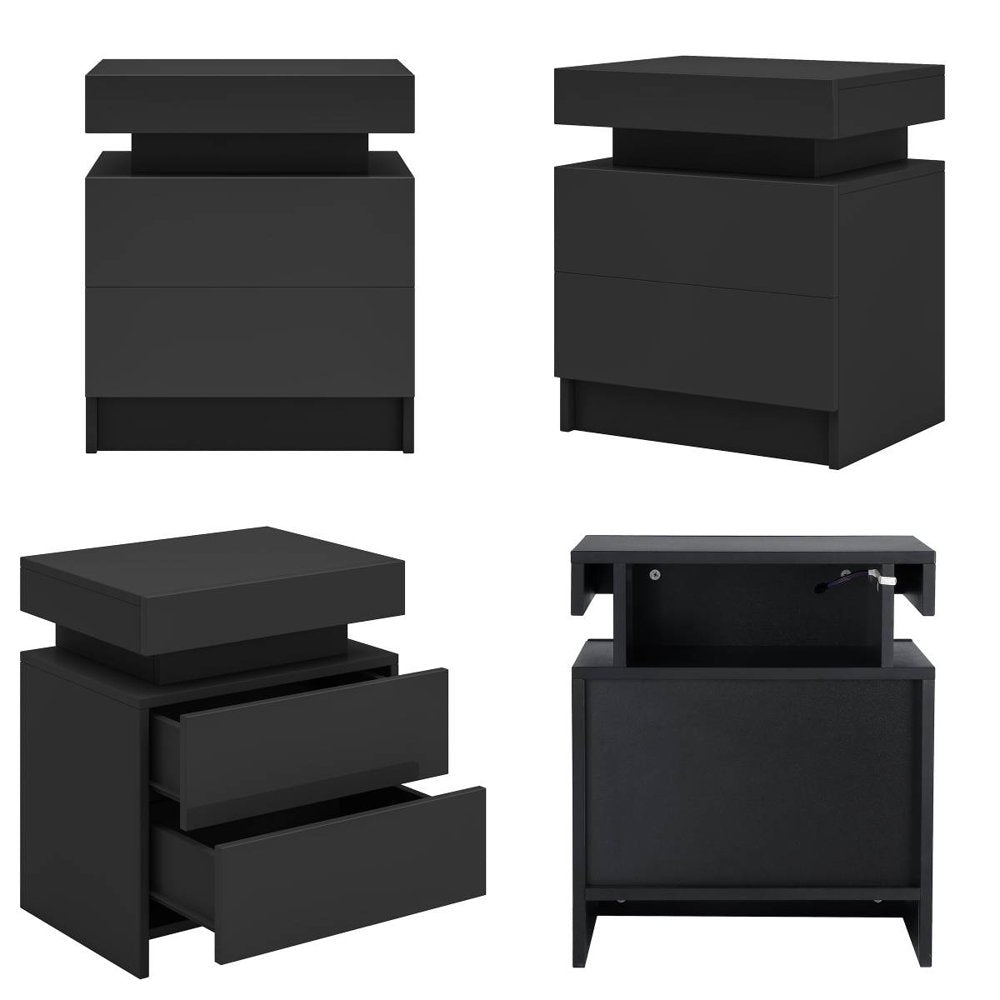 2 Drawer Modern Nightstand with RGB LED Light High Gloss Bedside Tables for Bedroom Black