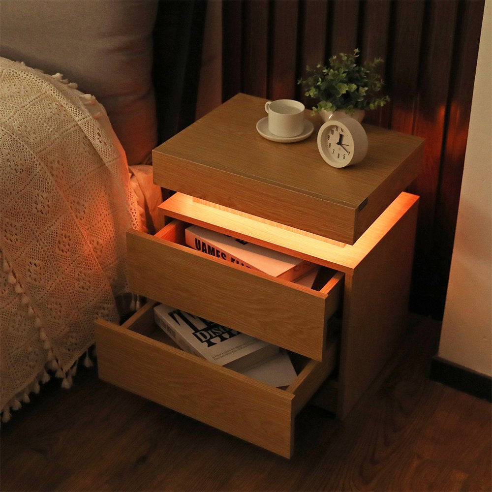 2 Drawer Modern Nightstand with RGB LED Light High Gloss Bedside Tables for Bedroom Wood Color